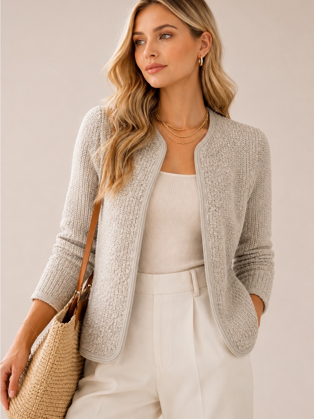 Vintage Adele Joyce Bouclé Knit Cardigan Oatmeal Open Front Sweater S/M